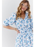 Floral dress with a ruffle at the neckline, white and blue 30360 - Online store - Boutique